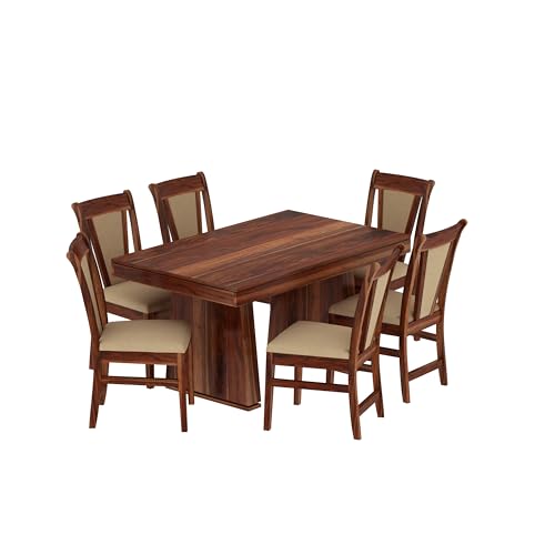 Image of Solid Wood 6 Seater Dining Table | Sheesham Wood Six Seater Dining Table with Cushion Chairs | Wooden Furniture Dinner Table with 6 Chairs | Natural Finish with Cream Upholstery