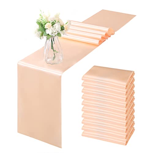 Horbaunal Paquete de 12 caminos de mesa de satén melocotón de 12 x 108 pulgadas, caminos de mesa lisos para bodas, banquetes, fiestas de cumpleaños