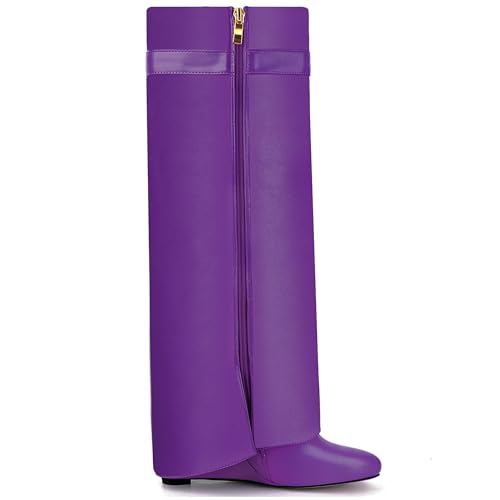 Image of Fold Over Boots for Women Pointy Pull-on Wedge Heel Knee Shark Boot With Side Zipper Padlock Design