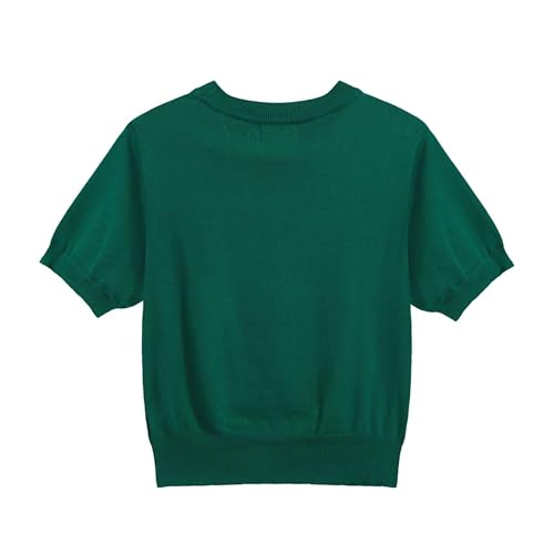 Women's Green Knitted T-Shirt, Retro Animal Pattern Crewneck Cotton Short Sleeve- Cropped Length2