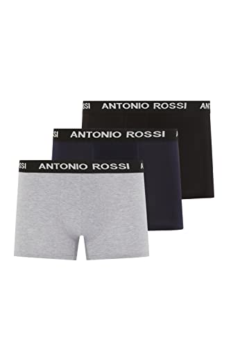 ANTONIO ROSSI (3/6er-Pack) Boxershorts Herren - Unterhosen Männer Multipack mit Elastischem Bund - Baumwollreich, Bequeme Herrenunterwäsche, Schwarz, Grau, Marineblau mit Weißer Schrift (3er-Pack), XL