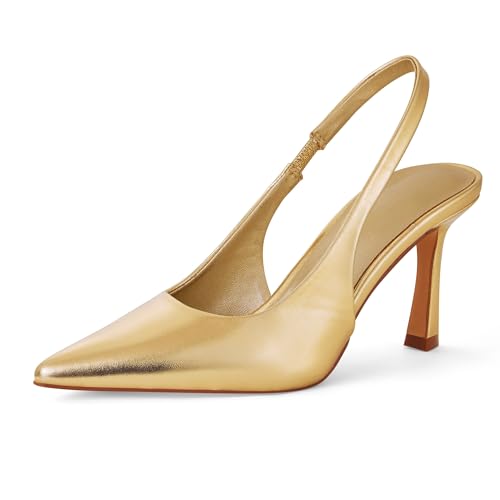 Zhabtuc Escarpins Femme Slingback à Talons Hauts de 10 CM, Chaussure Femme Stiletto Sandales Élégantes et Confortable, Or Mat, EU 37