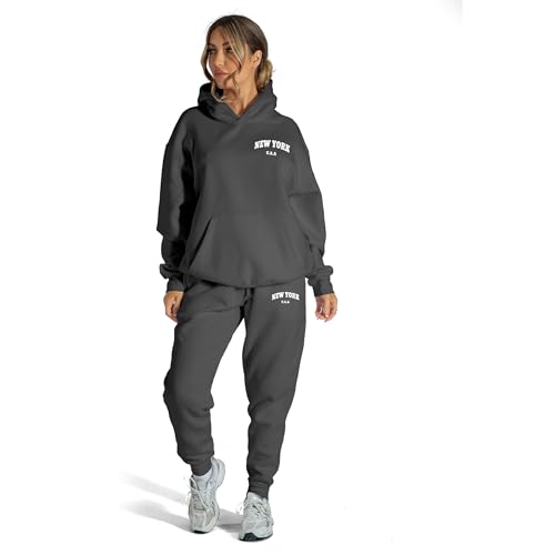 Lang Horn Tracksuit Womens Full Set Uk With Pocket 2 Piece Hooded Oversized Letter Print Lounge Wear Sweatsuits Jogger Set Ladies Gym Activewear Large Charcoal