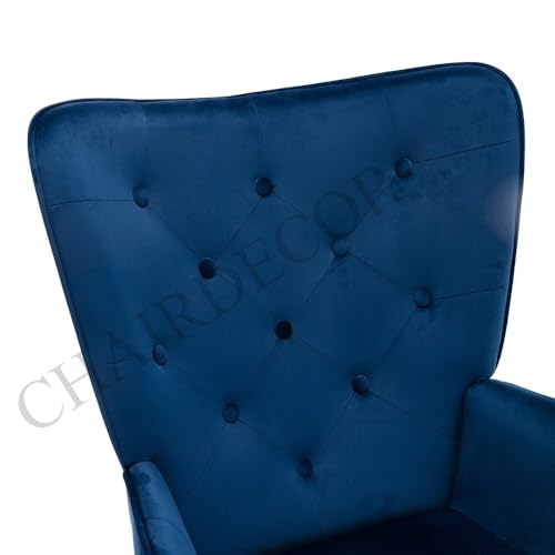 Image of Velvet Wingback Accent Chair for Living Room | Luxury High Back Tufted Armchair with Glossy Metal Legs | Modern Velvet Upholstered Lounge Chair for Home & Office | 1 Pc (Blue)