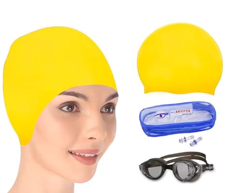 Image of GLAN Swimming Kit with UV Protection and Anti Fog Swimming Goggles and Cap Set Ideal for All Age Group Pack of 1 (Yellow Black)
