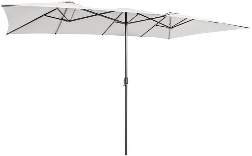Pemberly Row 15FT Double-Sided Patio Market Umbrella, Beige Polyester Canopy, Rust-Resistant Metal Frame, 135 Sq. Ft. Shading, Crank Mechanism, Outdoor Umbrella for Garden, Poolside, Cafe or Patio Use