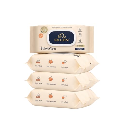 Image of OLLEN Extra Thick Baby Wipes with Lid | Water-Based, Unscented & Gentle on Skin | Plant-Based Fabric | Aloe Vera & Chamomile (Pack of 4)