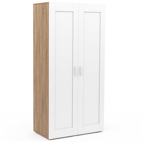IDMarket - Armario de 2 puertas VITO blanco y madera con barra interior de 80 cm con estantes. Almacenamiento de máxima capacidad