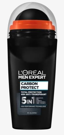 L’Oréal Paris men expert Deodorant for , 5-in-1 Roll-On Deodorant Against Odours, Moisture, Bacteria and White Residue for up to 48 Hours of Freshness, Carbon Protect, 6 x 50 ml