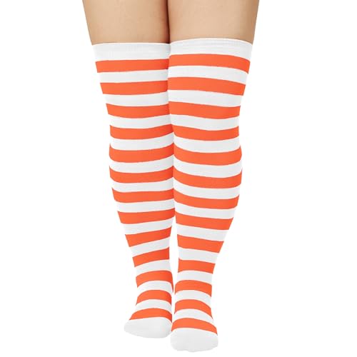 Zando Striped Plus Size Womens Orange Thigh High Socks Thigh Highs Over The Knee Socks for Women Long Striped Thick Thighs Leg Warmer for Halloween & Casual & Cosplay Orange White