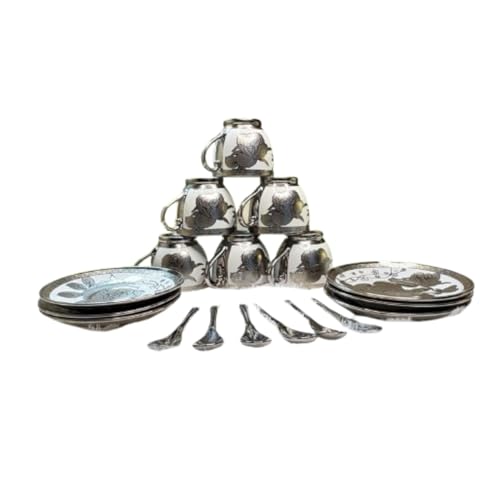 Image of DMRD-Elegant Ceramic Tea 18 Piece Set |Gold-Plated Cups with Saucers Spoons | Luxury Floral Designer Gift |Home & Party Tea Set with Kettle | Ceramic Pot Floral Aesthetic | Crockery (Silver)