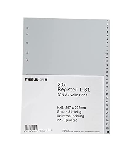 20er Sparpack Register 1-31 A4, volle Höhe, Universallochung PP Kunststoff grau 297 x 225mm Trennblätter Ziffern 1 - 31 Cover