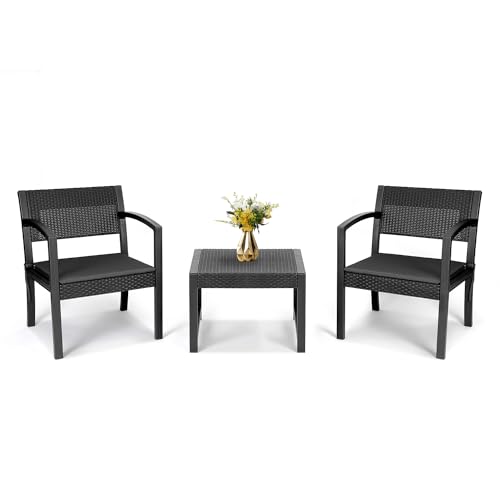 Sekey Balkonmöbel Set, 3 Teilig Gartenmöbel-Set aus PE-Polyrattan Wetterfest, Tisch und 2 Stühle mit Sitzkissen, Sitzgruppe Lounge Set, Terrassenmöbel für Terrasse, Balkon, Garten, Anthrazit