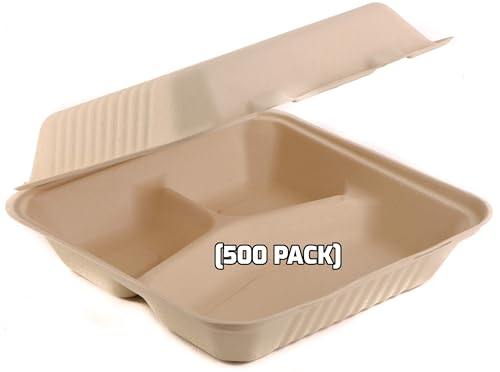 [500 PACK] 9 Inch 3-Compartment Compostable Hinged Take Out Food Container - Sugarcane Bagasse, Tree Free - Restaurant Supplies, Microwavable, Bidodegradable, Recyclable, Heavy Duty (Rectangle - Clam)