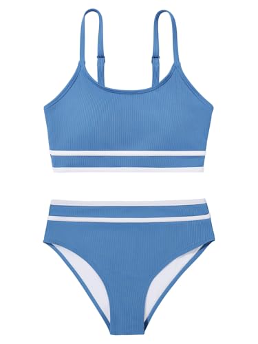 Image of Girls 2 Piece Swimsuit Ribbed Bathing Suits Color Block Adjustable Strap Bikini Set for Teens Girls Swim Suit