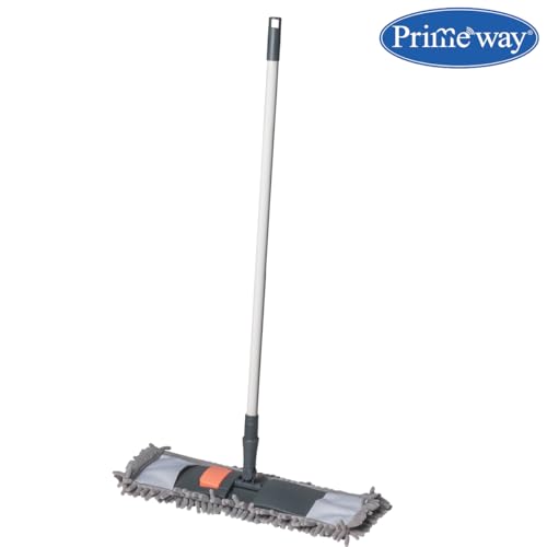 Image of Primeway Chenille Microfibre Flat Mop | All Floor Surfaces Cleaning | Wet & Dry | Rotating Mop Head 43x14cm | Long Extendable Telescopic Iron Handle | 72~120cm | Gray