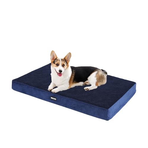 HMTOPE Orthopädisches Hundebett, 9cm Dicke Hundekissen für Mittelgroße Hunde, Abnehmbar und Waschbar Hundematte, rutschfeste Unterseite, Wasserdichtes Innenfutter, 91 cm, Navyblau