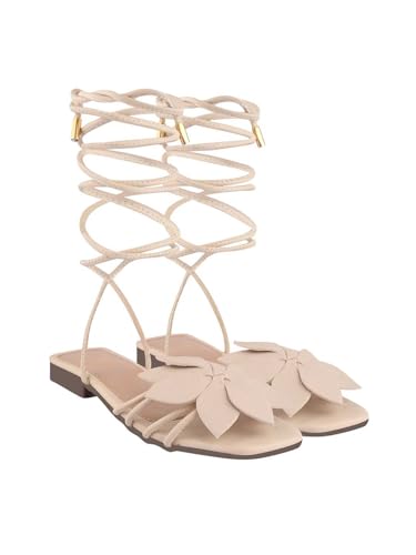 Image of Shoetopia Elegant Flat Sandals with Floral Detail | Chic Lace-Up Straps | Comfortable Summer Footwear for Women