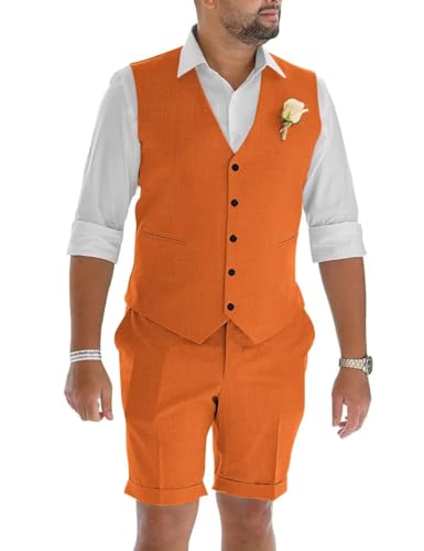 Netsky Mens Linen Suit 2 Piece Slim Fit Short Suits Lightweight Prom Tuxedo Vest and Shorts for Summer Beach Wedding