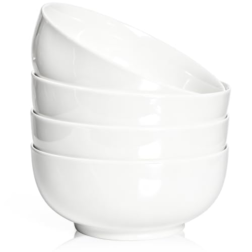 AISBUGUR Cereal Bowls 39 OZ Large Soup Bowls: Porcelain Salad Bowls Set of 4- Pho Bowls for Soup Salad Pasta Fruit White Bowls Set for Dishwasher & Microwave Safe
