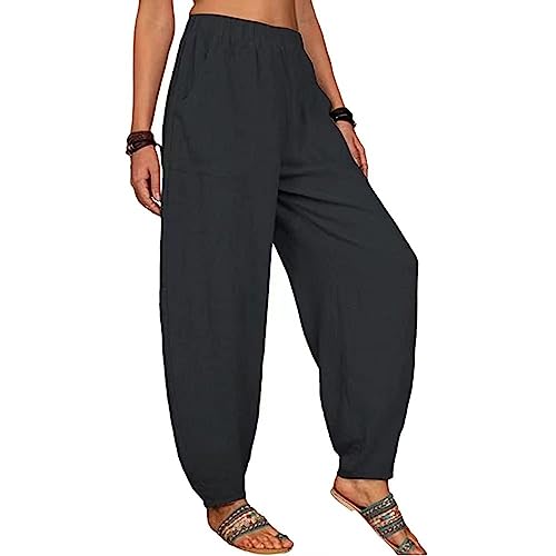 Women Linen Baggy Harem Pants Drawstring Casual Long Trousers Lounge 2025 Beach Travel Vacation Clothes with Pockets2