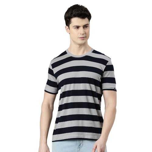 Image of FASO Men's Yarn Dyed Striped T-Shirt | Super Soft Combed Cotton | Sporty Big Stripes | Half Sleeves | Customized Comfort Fit for Smart Casual Wear