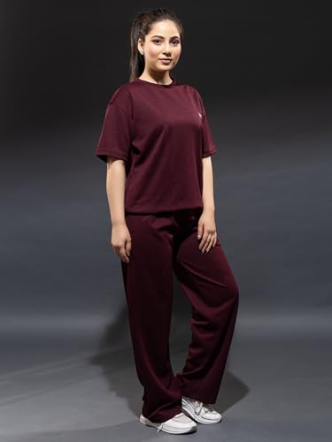 Image of YHA Oversize Round Neck Girls Track Suit Stylish Summer Half Sleeves Womens Cord Set With Full Pant Lightweight Polycotton Fabric Co-ord Sets For Women