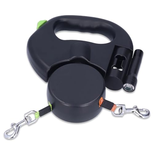 3M Double Retractable Dog Lead Non-Slip Handle Dog Leads with 360 Tangle-Free Extended One-Handed Brake LED Flashligh Poo Bag Holder Walking 2 Dogs Max Weight Capacity 10kg Pet Accessories (Black)