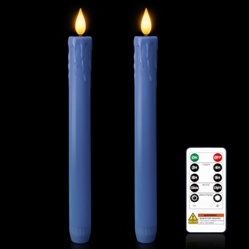 Image of Homemory 9.6 Inches Real Wax Blue Flameless Taper Candles with Remote Timer, 2 Pcs LED Fake Candlesticks, Battery Candle with 3D Flickering Flame for Wedding, Dinner, Xmas Anniversary Decor