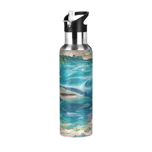 Botella de agua reutilizable a prueba de fugas, sin BPA, aislada, 3D, tiburón, océano, mar, con tapa de popote, aislamiento de doble pared para gimnasio, deportes, 20 onzas