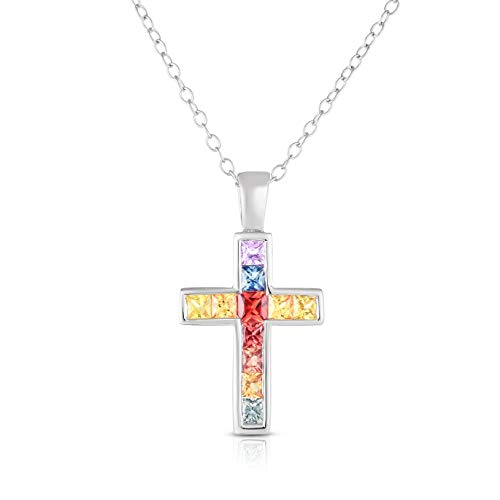 Femme Luxe Rainbow Sapphire Cross Pendant | 1.15 carats Genuine Sapphire Gemstones | 925 Sterling Silver | September Birthstone | Gift for Birthday, Graduation, Anniversary, Valentines