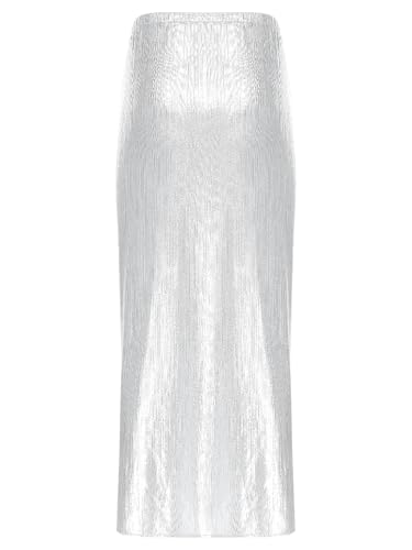 Hedmy Women's Holographic Shiny High Side Split Long Skirt Sequin Embroidery Flowy Maxi Skirt4