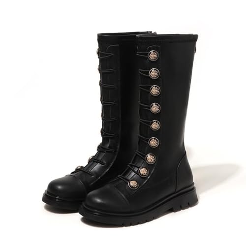 Girls Leather Lace Up Knee High Boots Fashion Back Zipper Tall Riding Boots Comfortable Round Toe Low Heel Combat Boot Little Kid/Big Kid2
