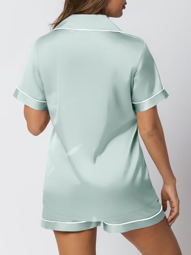Image of AUTOMET Women Silk Satin Fall Pajama Set Matching Lounge Pjs Button Up Soft 2 Piece Suit Ladies Tops and Shorts