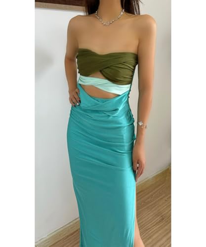 Image of heyheyshine Patchwork Y2K Strapless Dress Party Sleeveless Backless Sexy Hollow Out Dresses Women Summer Beach