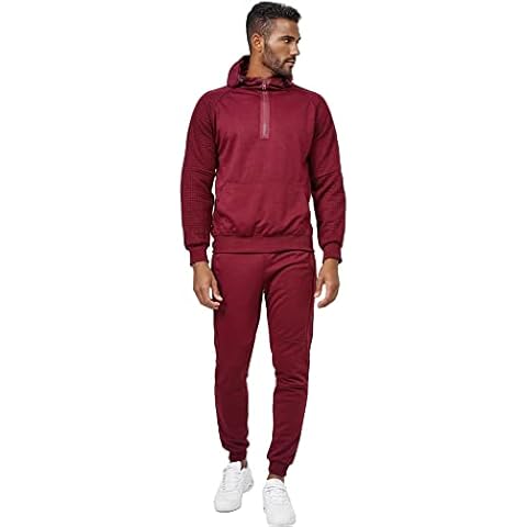 EGOMAXX Men Sweat Jogging Suit Quilted Design | Zip Hoodie Tracksuit | Basic Fitness Gym Streetwear Set, Colours:Red, Pant size:XXL Cover