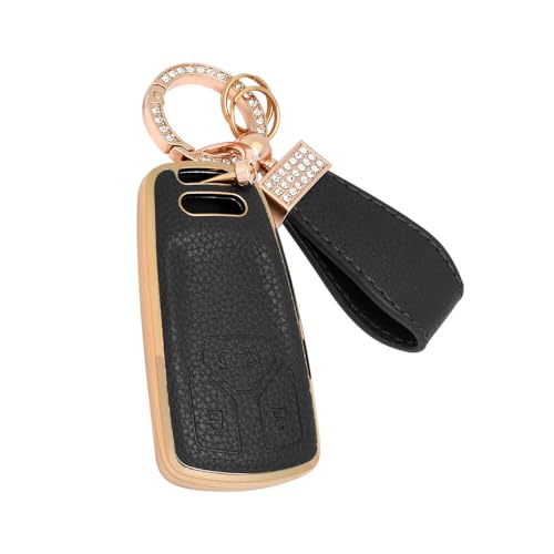 Image of Keyzone Litchi Leather TPU Key Cover & Keychain for Q5, A5, A8, Q7, A4, A6 3-Button Smart Key (Black)