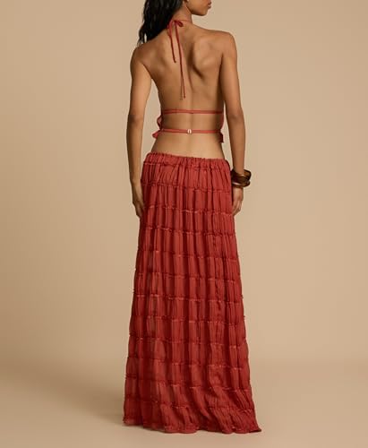 Image of Women Y2K Skirt Set Outfits Strapless Crop Top Bodycon Midi Skirt Dress Sexy 2 Piece Knit Outfits Skirt Summer