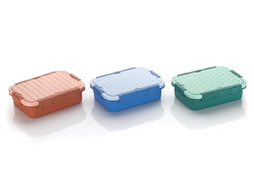 Image of Insulated Stainless Steel Lunch Box with Textured Lid | 3 Compartments | 525ml | BPA Free | Leakproof | Microwave Safe Without Lid | Bento Tiffin Box for Office School Travel (Teal Green, 3)