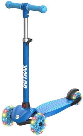 Gotrax KS1 Kids Kick Scooter, LED Lighted Wheels and 3 Adjustable Height Handlebars, Lean-to-Steer & Widen Anti-Slip Deck, 3 Wheel Scooter for Boys & Girls Ages 2-8 and up to 100 Lbs (Blue)