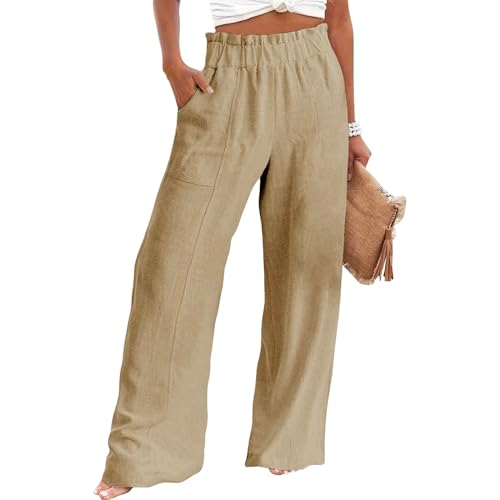Womens Linen Palazzo Pants Wide Leg Casual Loose High Waist Drawstring Capri Plus Size Trousers Travel Vacation Outfits