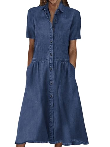 utcoco Womens Denim Dress Lapel Short Sleeve Frayed Hem Jean Dresses Oversized Button Down A Line Shirt Dress