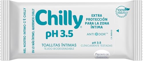 Chilly Salviettine Delicate, Salviette per l'Igiene Intima, Azione di Difesa, Tessuto 100 % Biodegradabile, Ottime Fuori Casa, pH 3.5, Clinicamente Testato, Confezione da 12 Salviettine