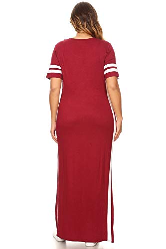 Sweetkie Striped Maxi Dress, Short Sleeved, Side Slits, Plus Size (2X, Burgndy/White) #TOP3