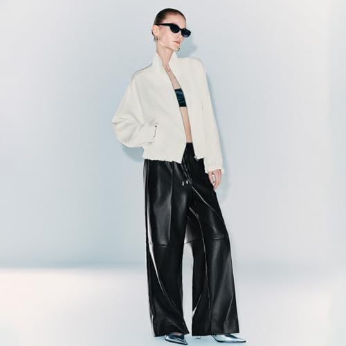 Faux Leather Pants for Women Fashion High Drawstring Waist Trousers Wide Leg Trousers with Pockets3