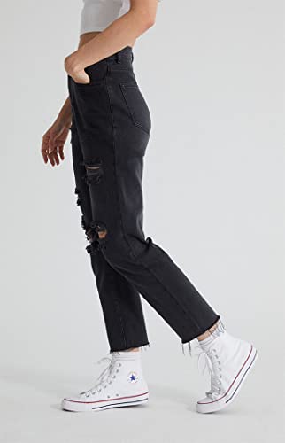 PacSun Women's Black High Waisted Straight Leg Jeans - Worn Look Ripped Denim, Black Wash2