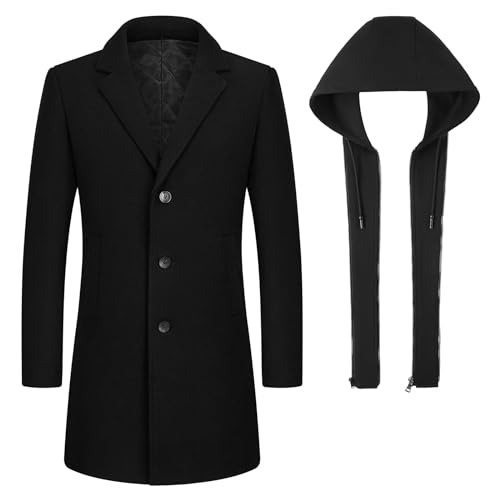 KUDMOL Mens Wool Trench Coat Solid Casual Padded Outdoor Overcoat Long hooded Warm Coat Jacket