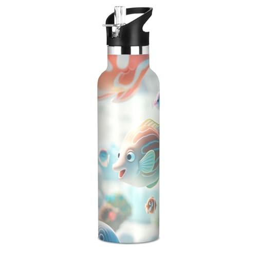 Botella de agua aislada con tapa de pajilla aislada al vacío para niños y niñas, diseño de dibujos animados, a prueba de fugas y sin BPA, para niños y niñas