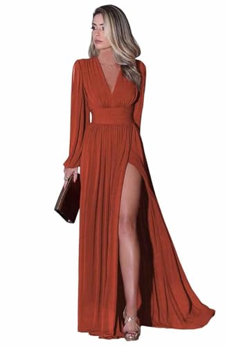 Long Sleeve Chiffon Bridesmaid Dresses for Women V Neck Empire Waist Pleated Long Evening Formal Dress with Slit