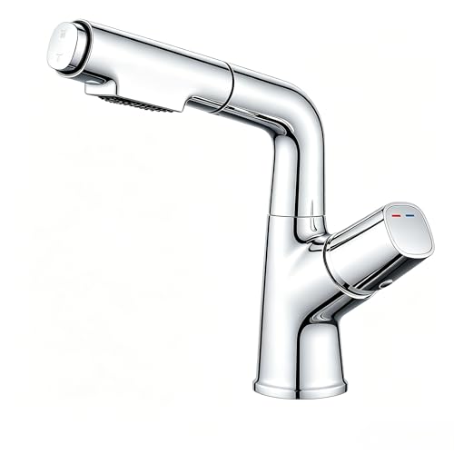kisimixer Mitigeur Lavabo avec Douchette Extractible, Robinet Lavabo Salle de Bain Pivotant à 360°(2 Modes, Bec Hauteur 19 cm, Réglable en Hauteur, sans...